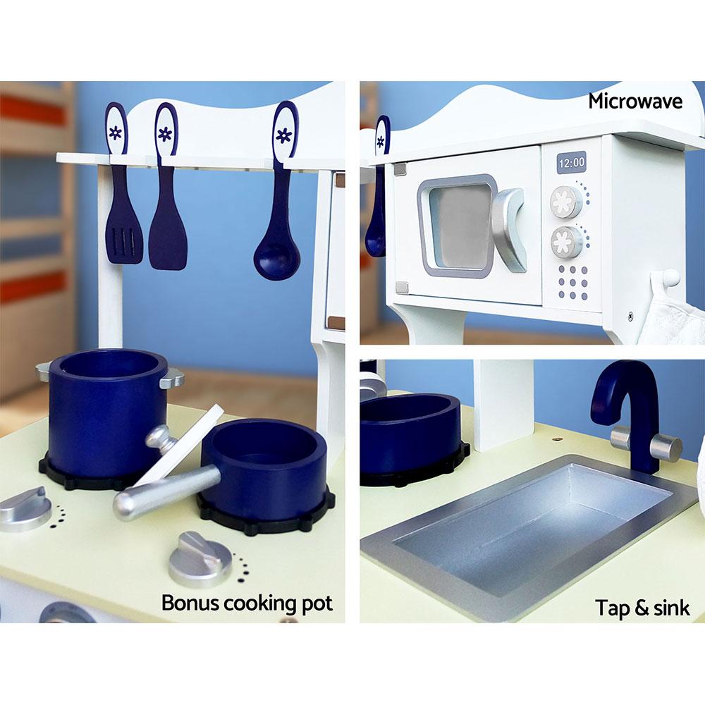 Keezi 18 Piece Kids Kitchen Play Set in white and blue, featuring a stove, microwave, sink, and various cooking accessories.